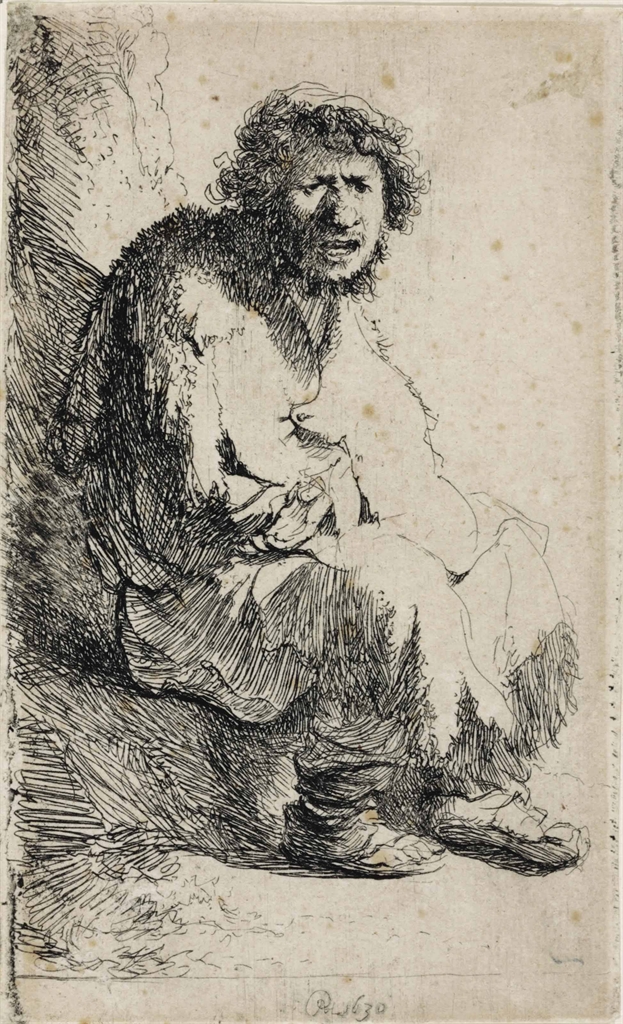 Rembrandt Begger Seated on a Bank (1630)