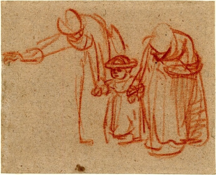 Rembrandt Two Women Teaching a Child to Walk ca. 1635-37 red chalk on gray paper